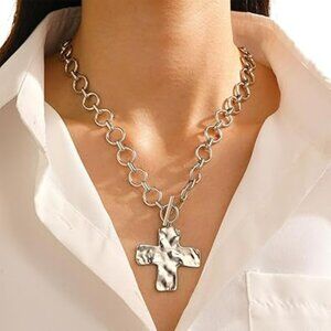Silver Chunky Cross Statement Pendant Necklace Boho